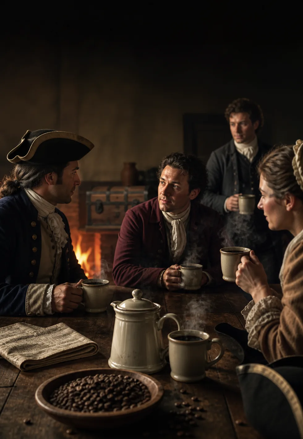 Tea protest boosted coffee: Colonial American tavern table with coffee pot, steaming cups, roasted beans, and firelit conversation