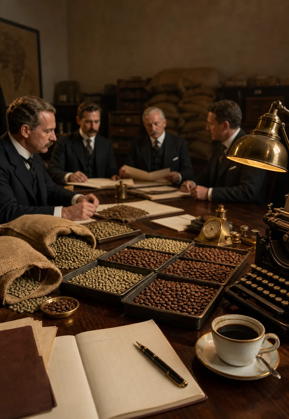 The NCA dates to 1911: Early 20th-century coffee trade office with merchants, sample trays, burlap sacks, ledger, lamp, and typewriter