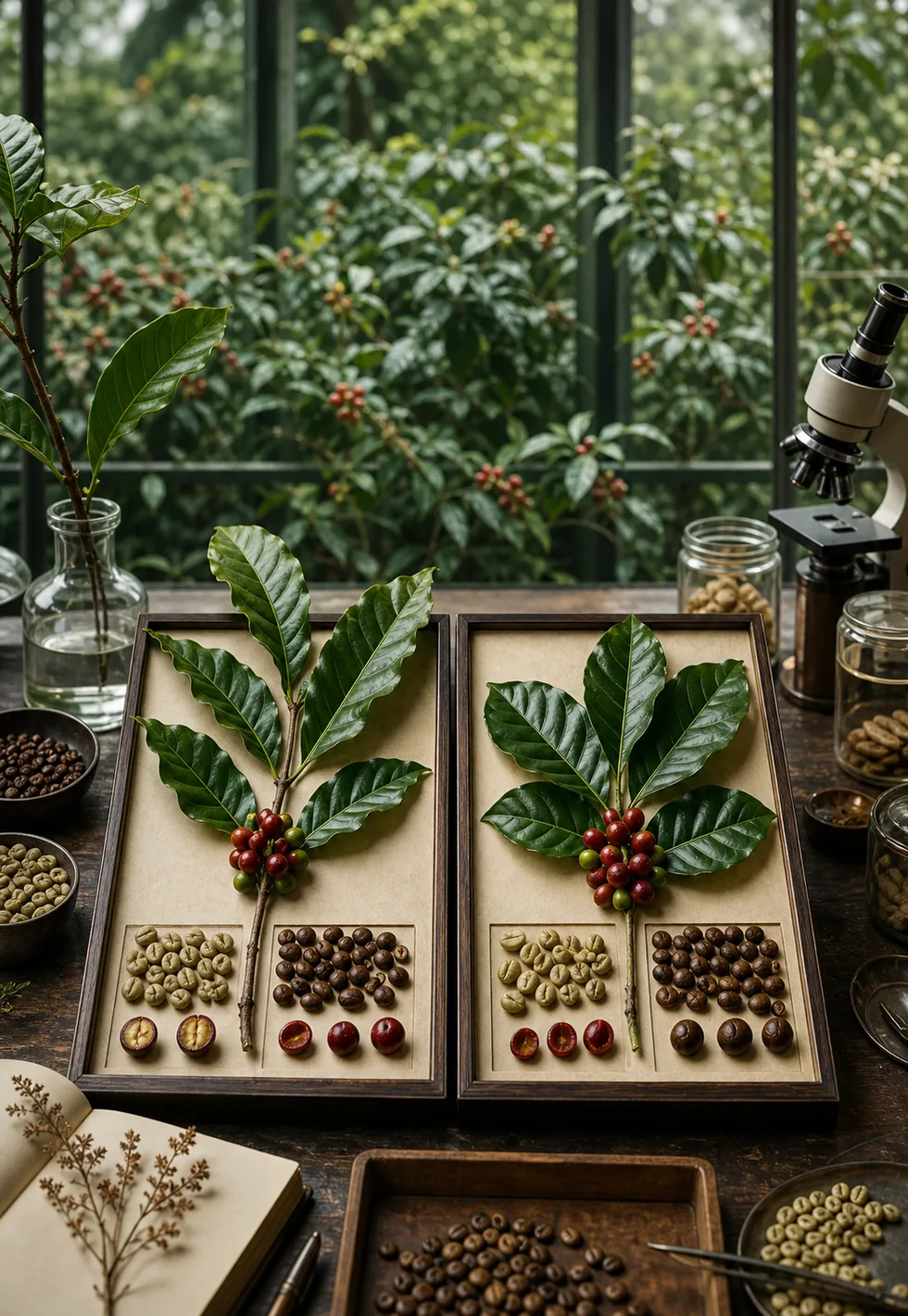 Two species dominate cups: Botanical greenhouse table comparing two coffee specimen trays with leaves, cherries, beans, and microscope