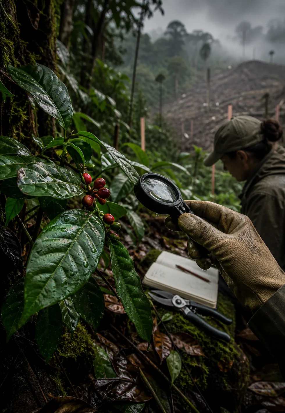 Wild coffee is threatened: Rainforest conservation field scene with wild coffee cherries, magnifying loupe, notebook, and threatened forest edge