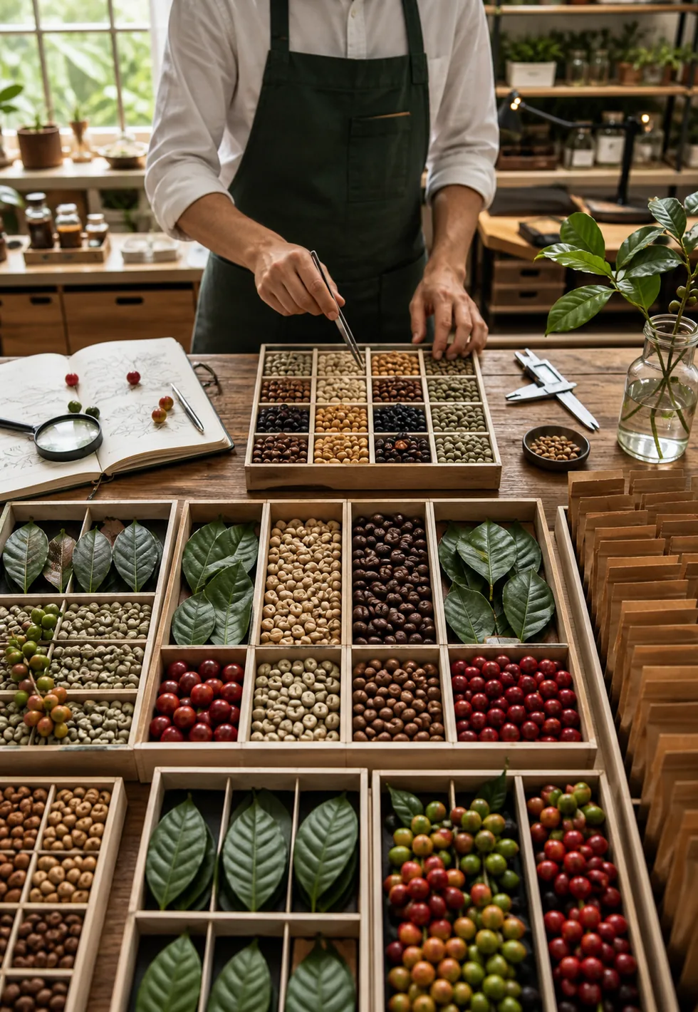 Coffee varieties are cataloged: Coffee agronomy seed library with organized specimen trays of beans, leaves, cherries, calipers, and notebook