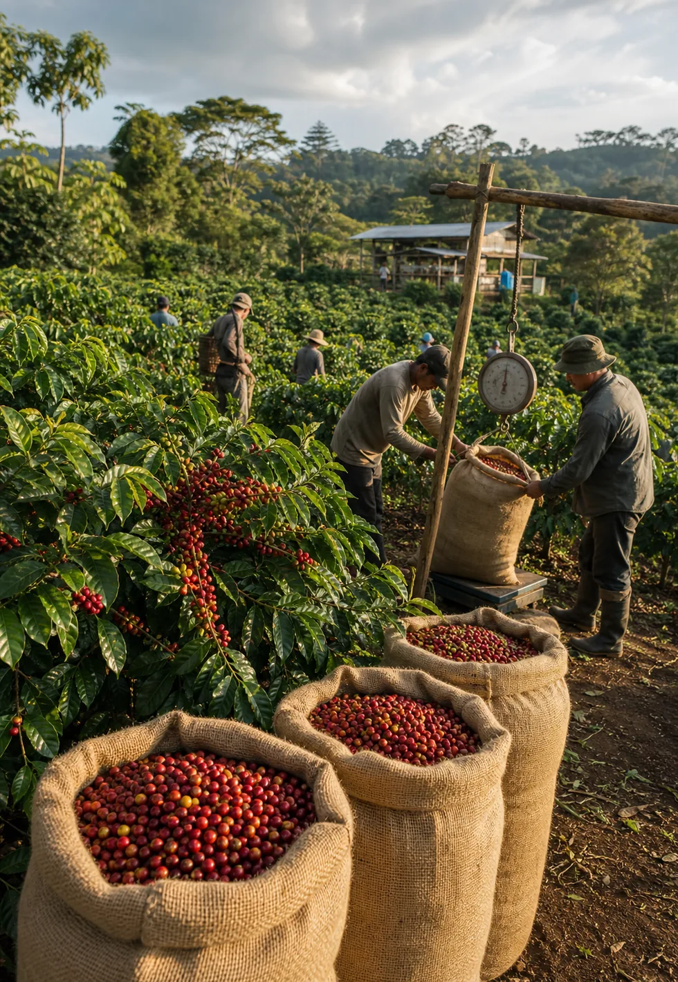 Robusta has grown in share: Large Robusta coffee farm harvest with full burlap sacks, dense cherries, weighing station, and workers