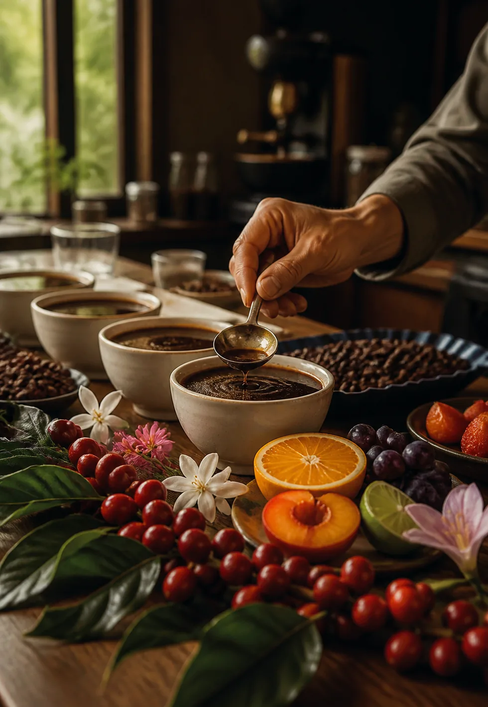 Arabica still shapes specialty: Specialty Arabica cupping table with coffee cherries, flowers, citrus, cupping bowls, beans, and tasting spoon