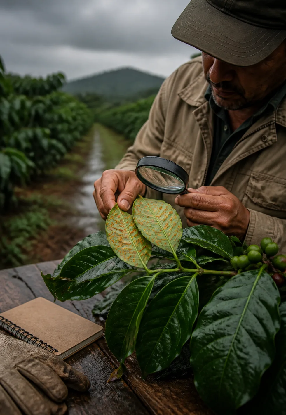 Coffee rust attacks leaves: Coffee leaf rust inspection with orange-spotted leaves, magnifying glass, wet farm rows, and agronomist hands