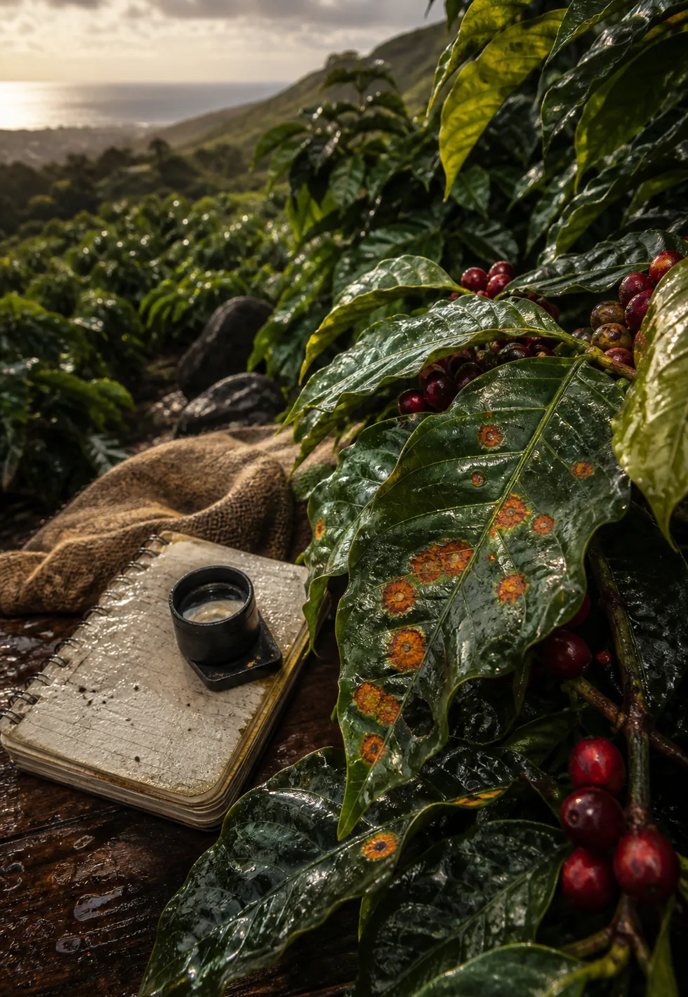 Rust reached Hawaii recently: Hawaiian coffee farm after rain with leaf rust spots, field notebook, magnifying loupe, cherries, and volcanic coast