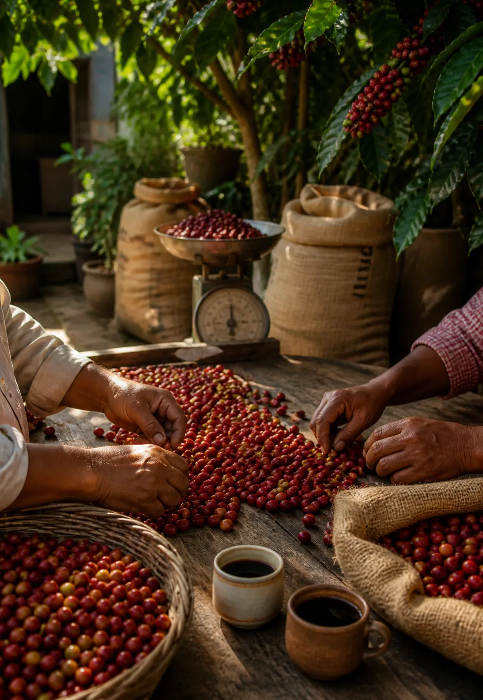 Coffee supports families: Family hands sorting red coffee cherries on a wooden farm table with burlap sacks, weighing scale, and coffee cups