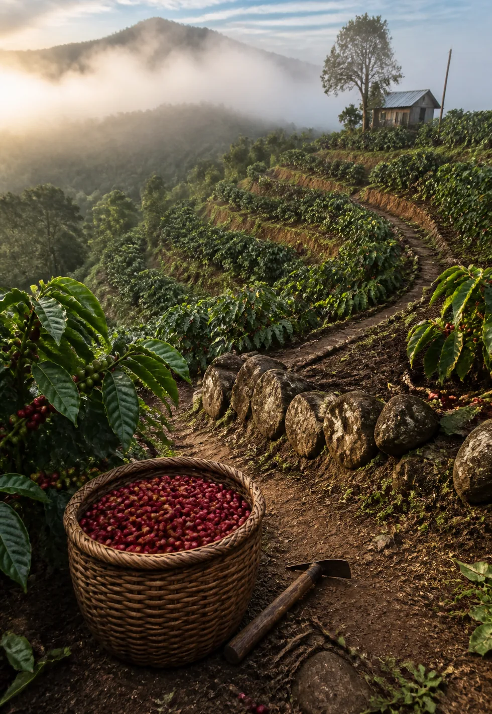 Smallholders grow much of coffee: Misty terraced smallholder coffee plot with harvest basket, hand hoe, stone borders, farmhouse, and mountain light