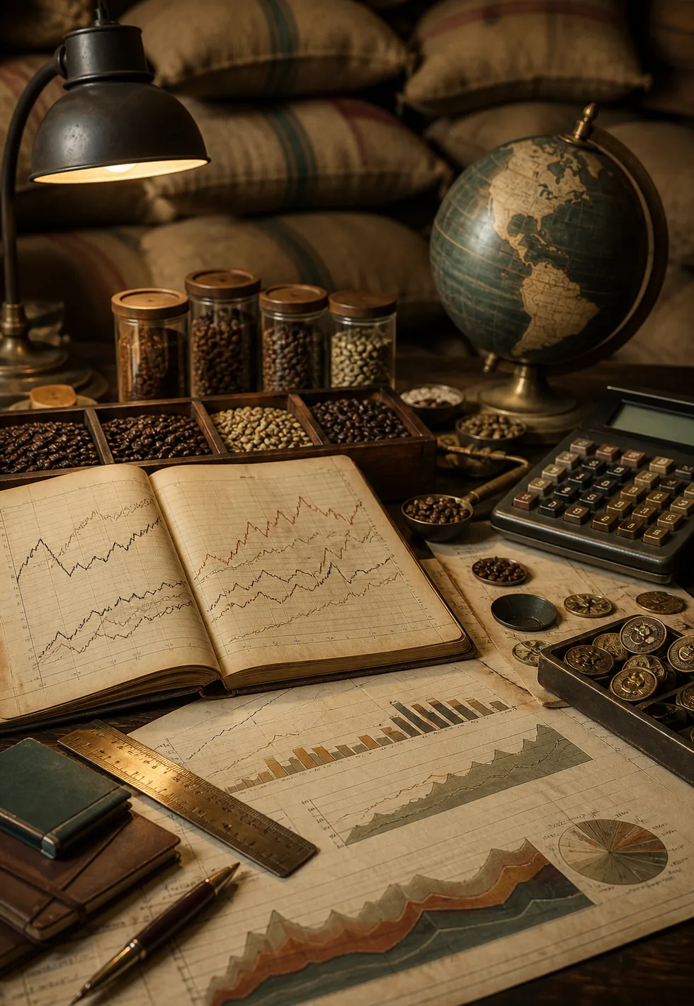 ICO data goes back decades: Historic coffee market data desk with ledgers, unlabeled charts, coffee sample trays, globe, calculator, and sacks
