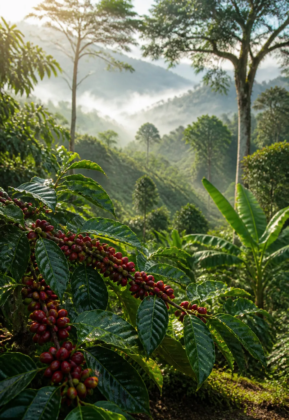 Coffee is a tropical crop: Tropical mountain coffee farm with ripe cherries, shade trees, humid mist, glossy leaves, and filtered sun
