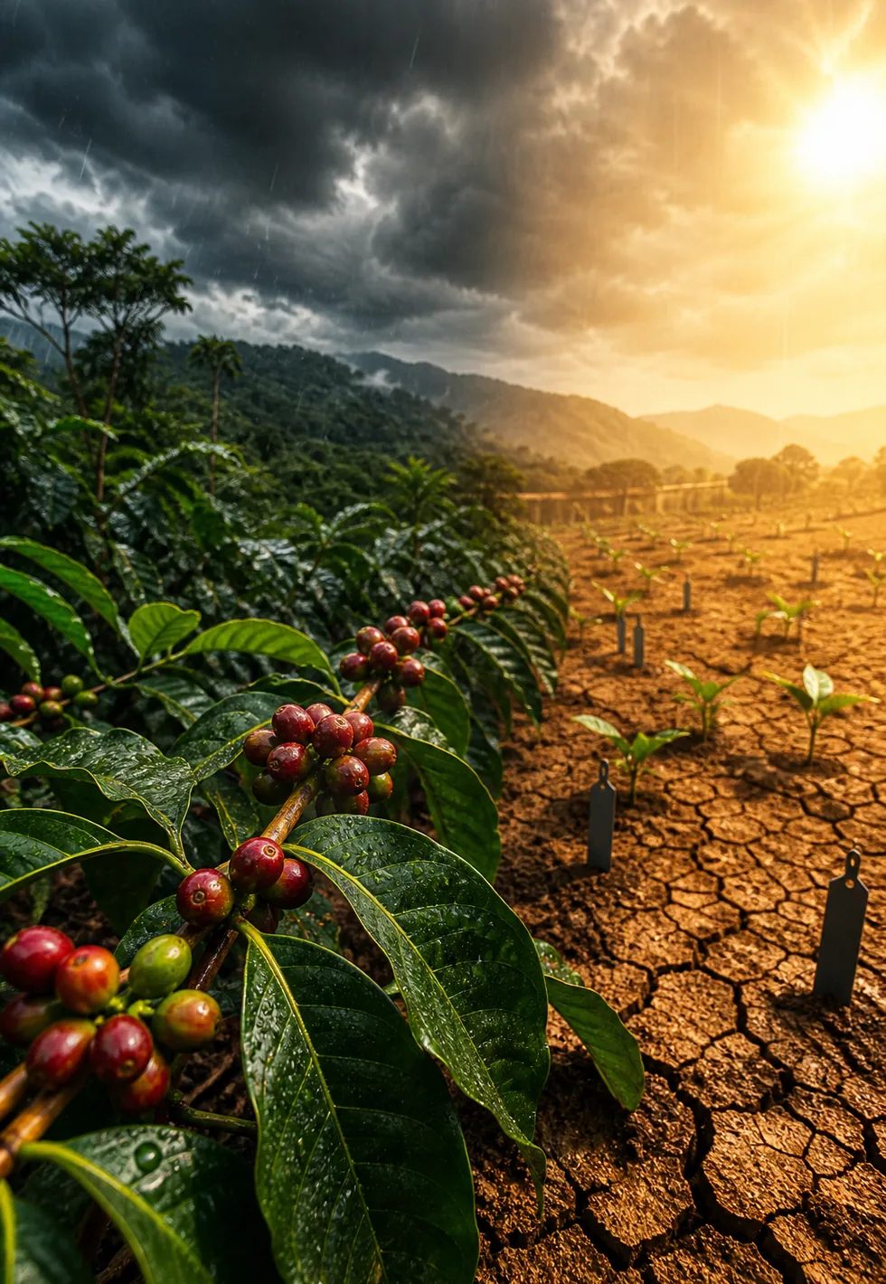 Coffee is a climate story: Coffee farm climate contrast with healthy cherries, storm clouds, drought-stressed soil, young seedlings, and heat