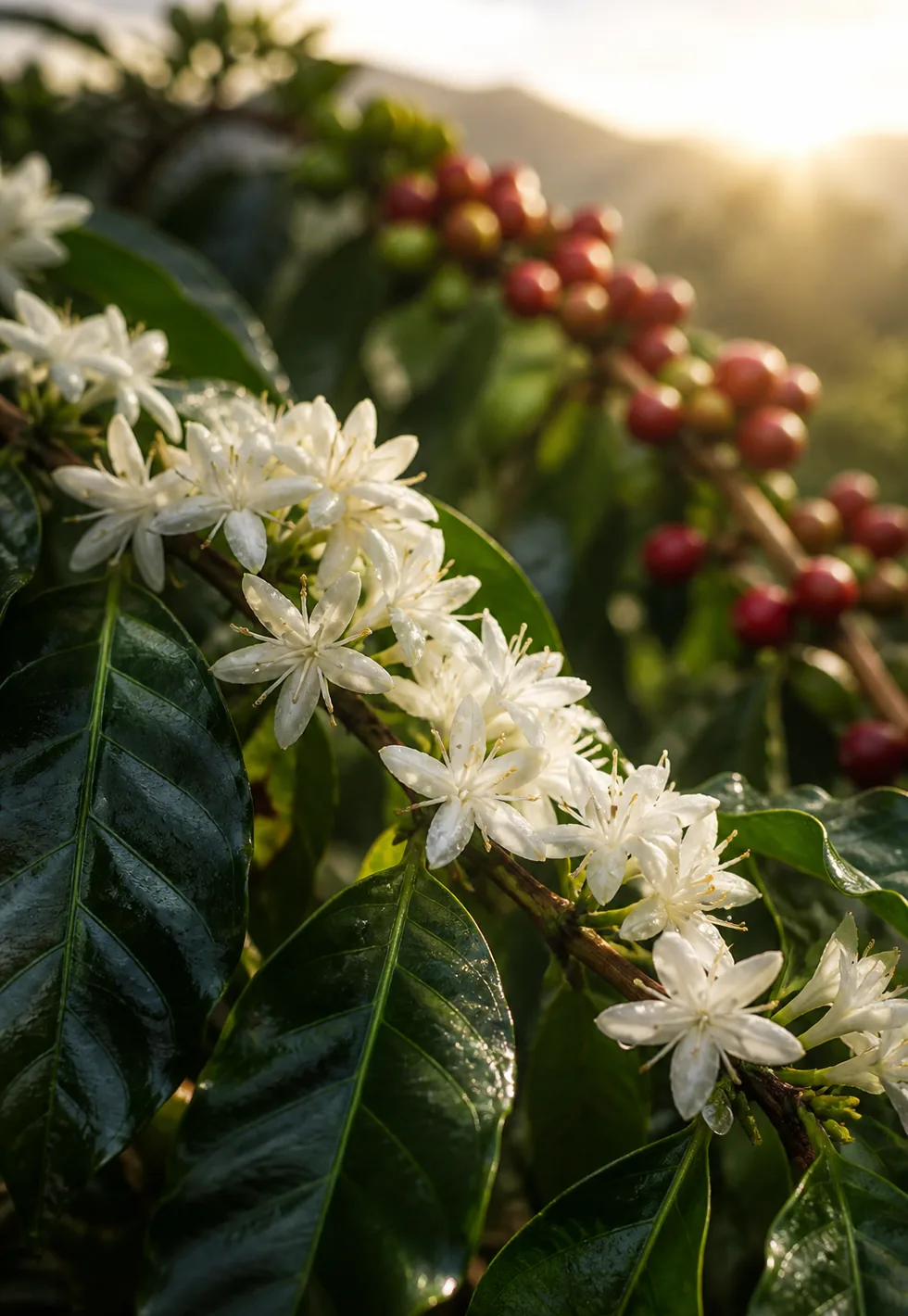 Coffee flowers before cherries: Macro coffee flowers on glossy green branches with soft cherries in the background and warm sunrise light