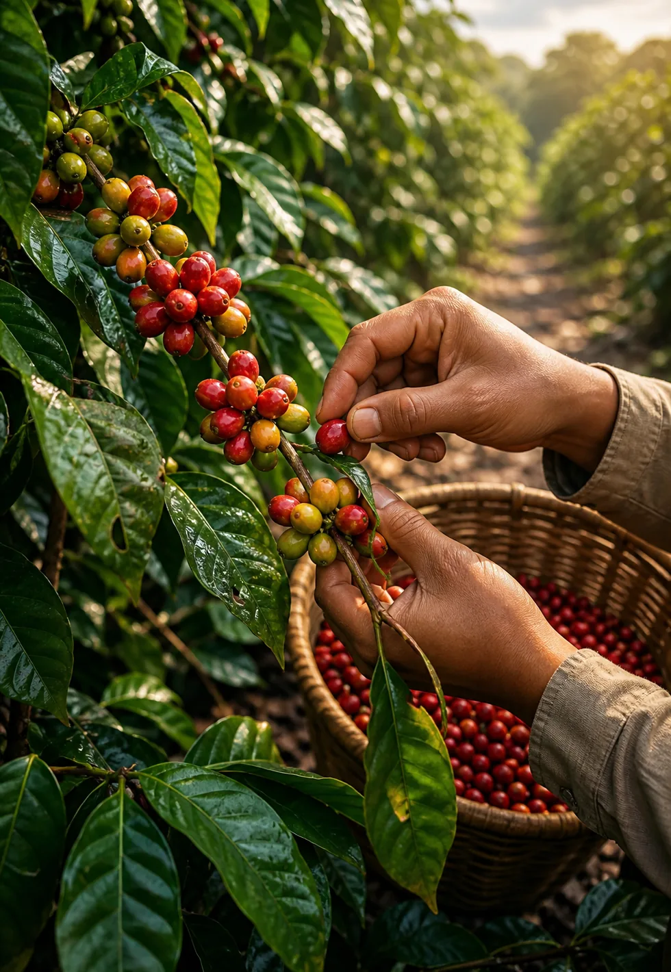 Cherries do not ripen at once: Selective coffee picking with hands choosing ripe red cherries from a branch of mixed green, yellow, and red fruit