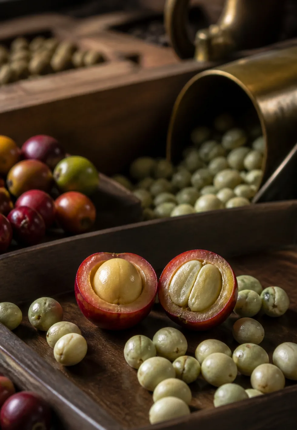 Peaberries are single seeds: Macro coffee sorting table with split cherries showing one rounded peaberry seed beside two flatter normal seeds