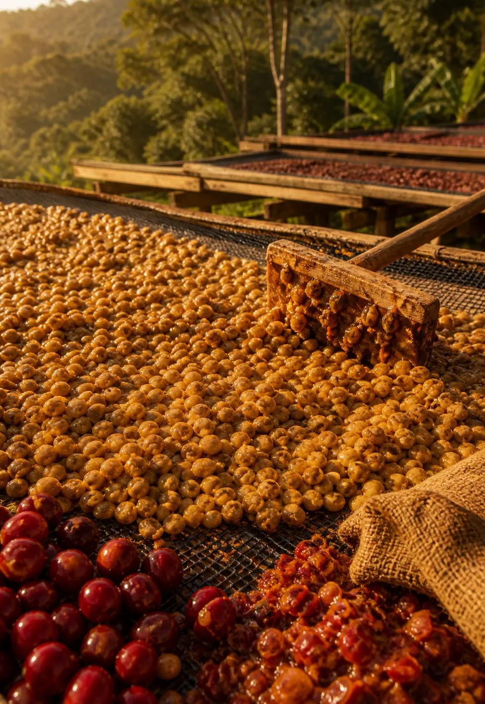 Honey process uses no honey: Honey-process coffee drying bed with sticky amber mucilage on parchment beans, wooden rake, cherries, and burlap