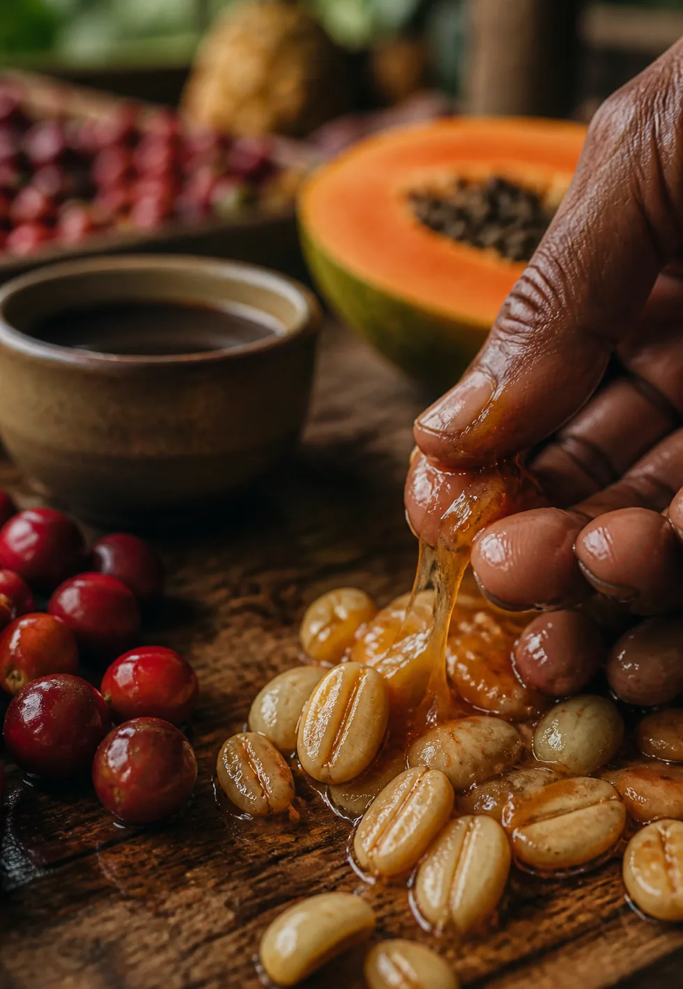 Mucilage can shape sweetness: Glossy coffee mucilage stretching between fingers over parchment beans with cherries, fruit, and tasting cup nearby