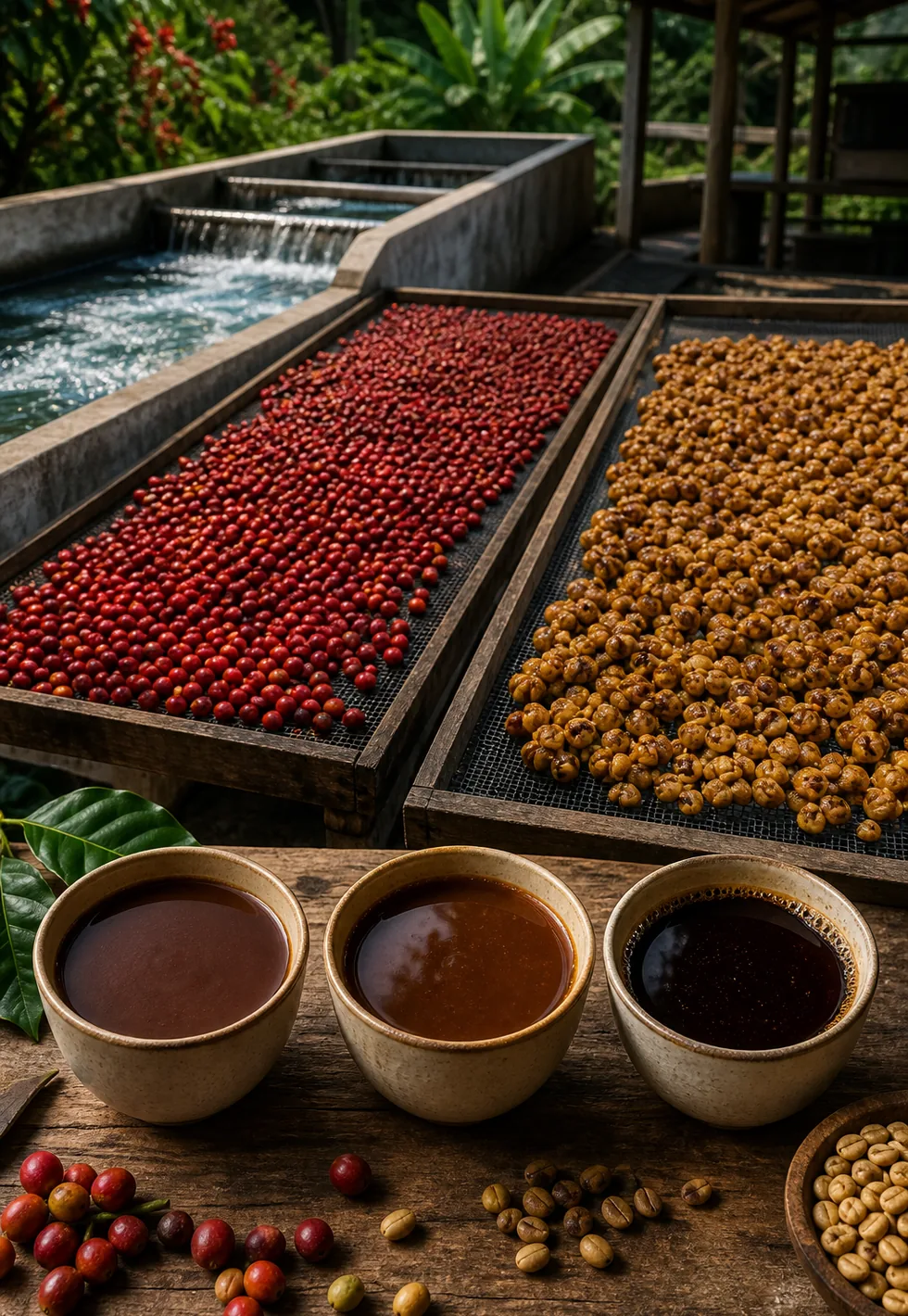 Processing changes the cup: Coffee processing station showing washed channel, natural cherries on drying bed, honey-process parchment, and cups