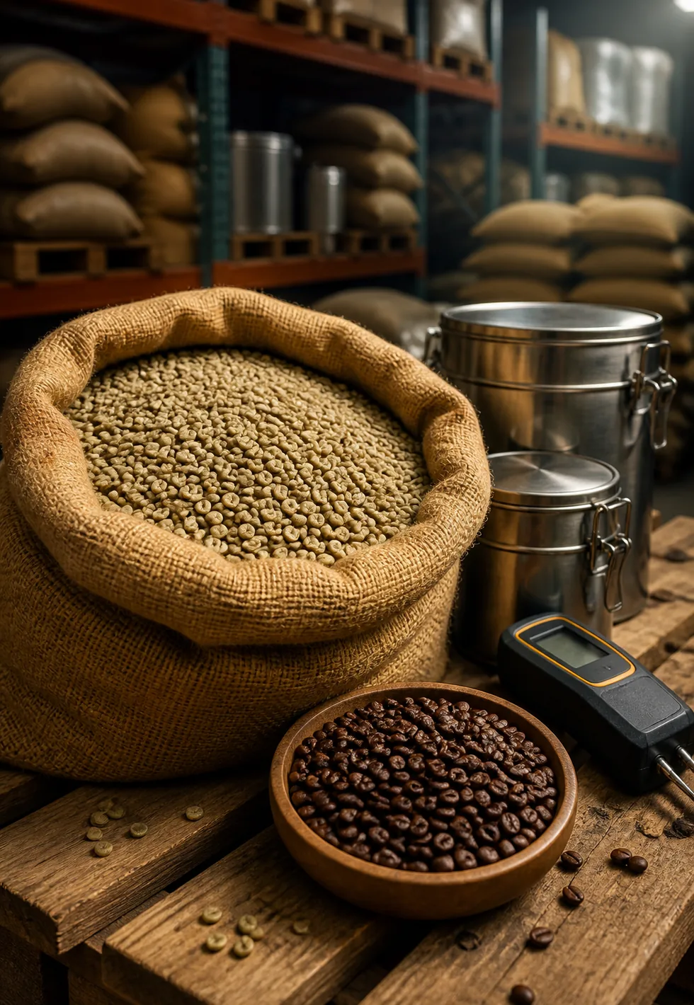 Green coffee stores differently: Cool coffee warehouse with open burlap sack of green beans, roasted beans in a bowl, tins, pallets, and meter