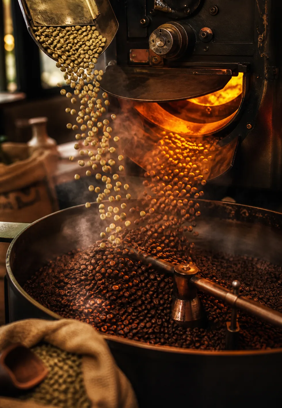 Roasting unlocks aroma: Artisanal roaster transforming falling green coffee beans into fragrant brown roasted beans with steam and copper glow