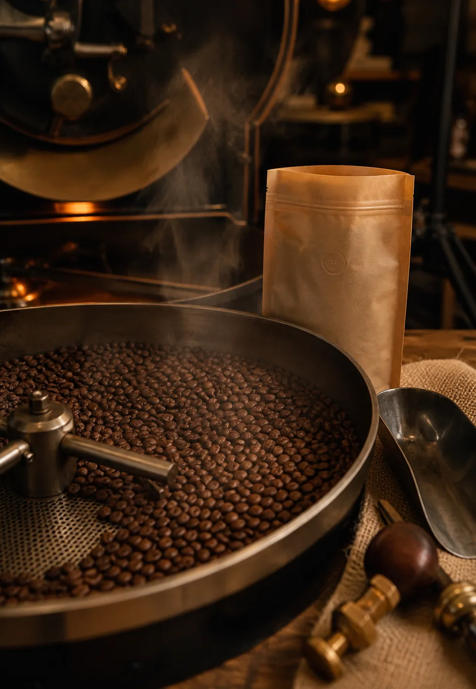 Fresh roast needs a little rest: Freshly roasted coffee resting in a cooling tray beside a valve bag, scoop, burlap, and warm roastery glow