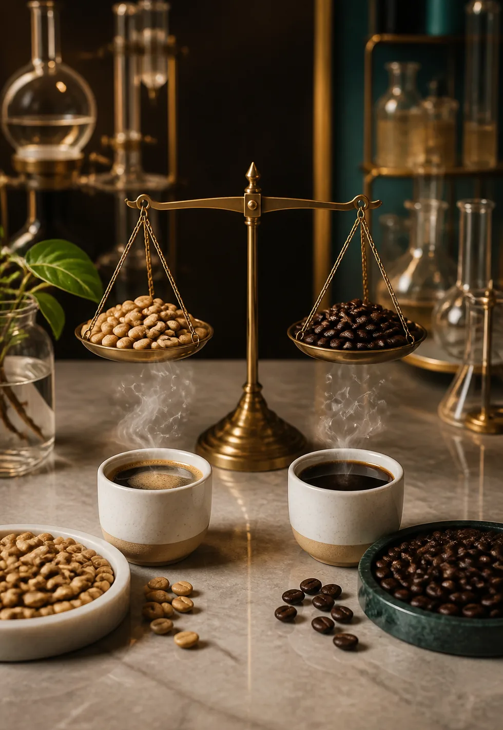 Dark does not mean more caffeine: Balanced coffee lab still life comparing light and dark roast beans with two cups, brass scale, glassware, and steam