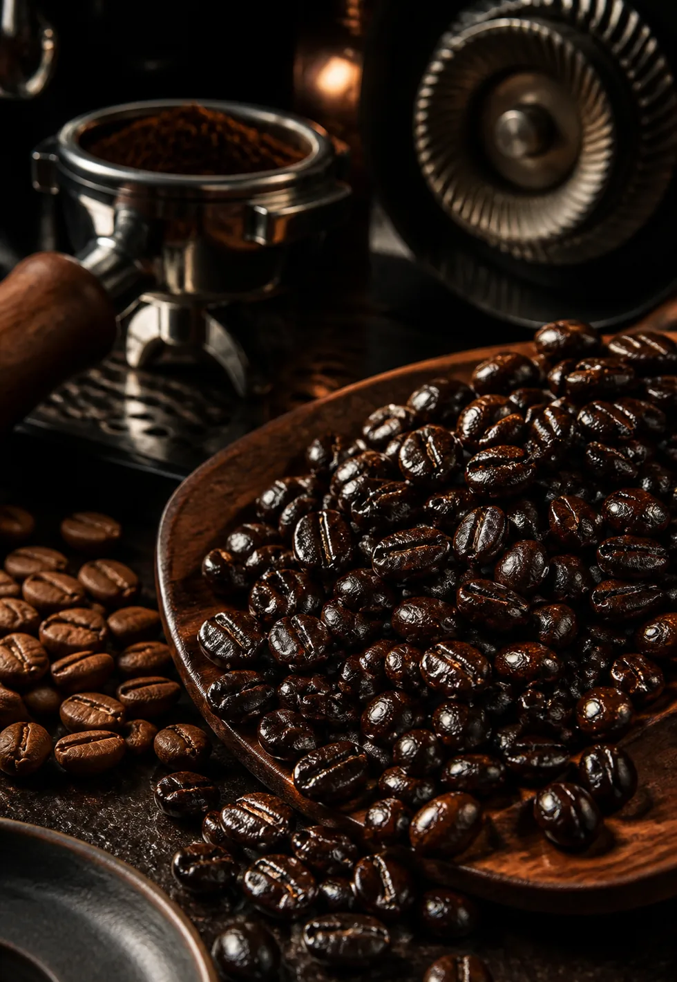 Dark beans look oily: Macro dark-roast coffee beans with shiny surface oils beside matte medium-roast beans, portafilter, and grinder burr