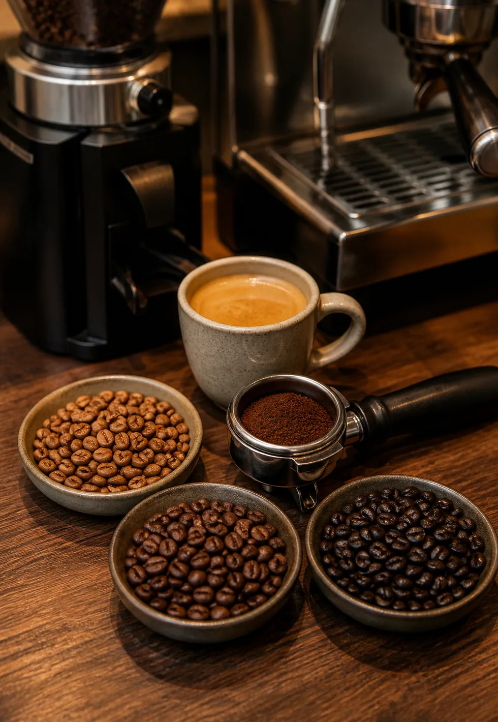 Espresso roast is flexible: Espresso bar tasting station with three roast-level bowls, portafilter, crema cup, grinder, and machine