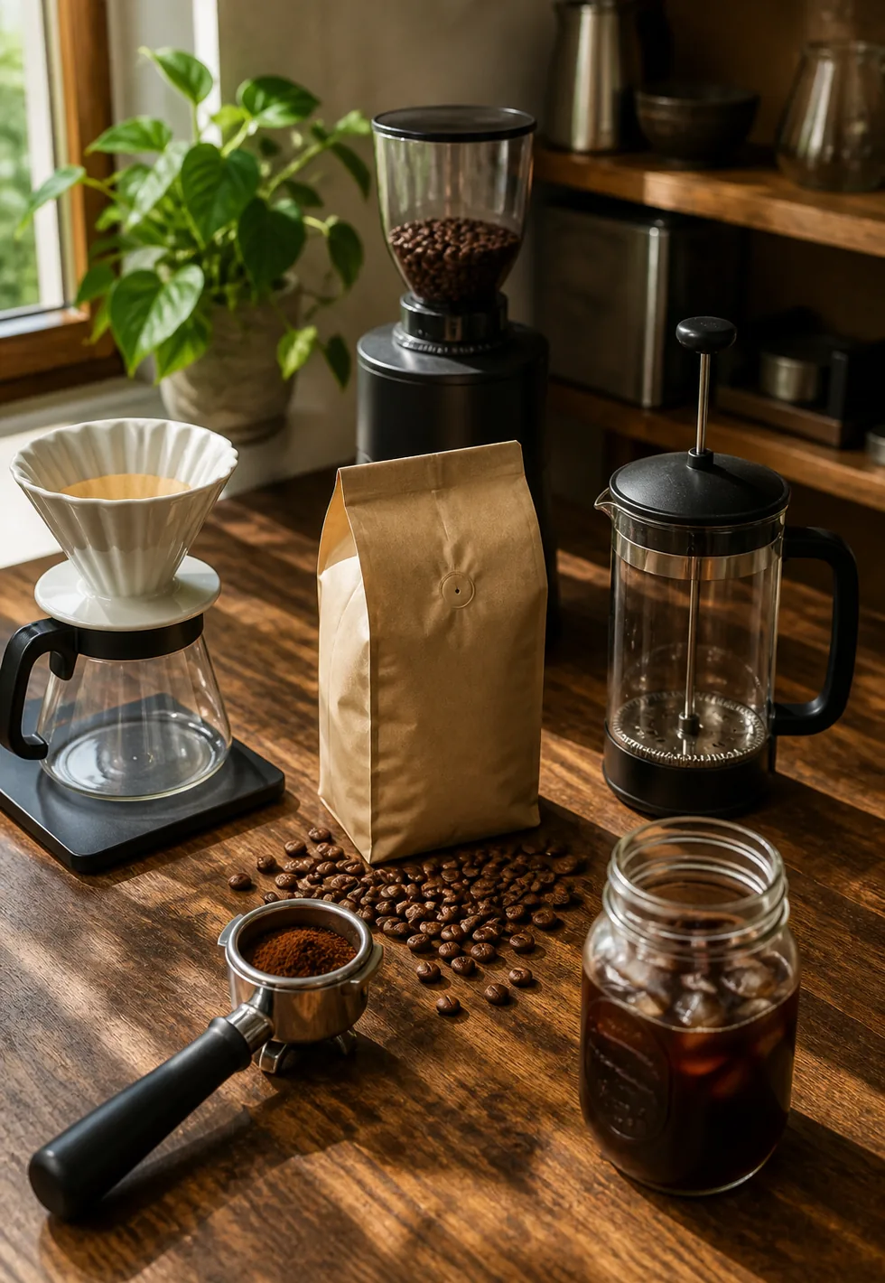Coffee has many brew paths: Coffee brewing workbench with pour-over, French press, espresso portafilter, cold brew jar, grinder, beans, and bag