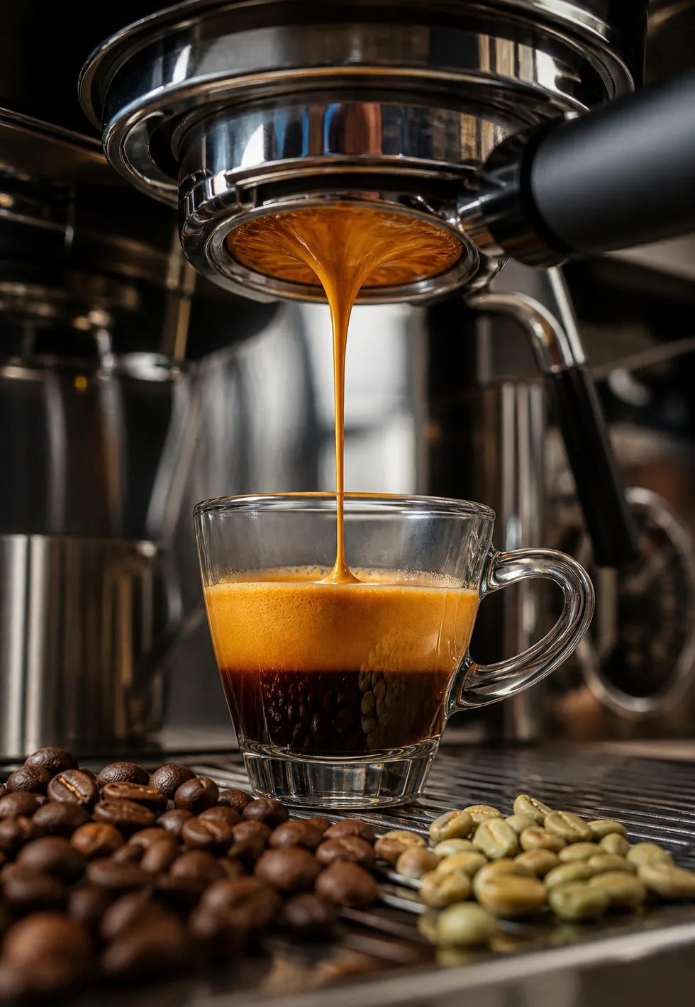 Espresso is a method: Bottomless portafilter pulling a golden espresso stream into a glass cup with roasted and green beans nearby
