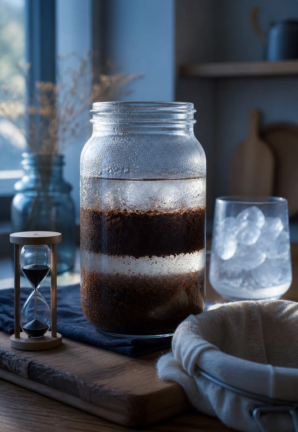 Cold brew is extraction by time: Cold brew jar with coarse grounds steeping in cold water beside condensation, hourglass, ice glass, and filter cloth