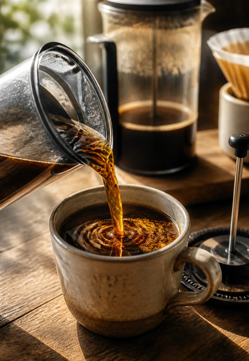 French press keeps oils: French press coffee pouring into a ceramic cup with shimmering oils, fine sediment, glass press, and metal plunger