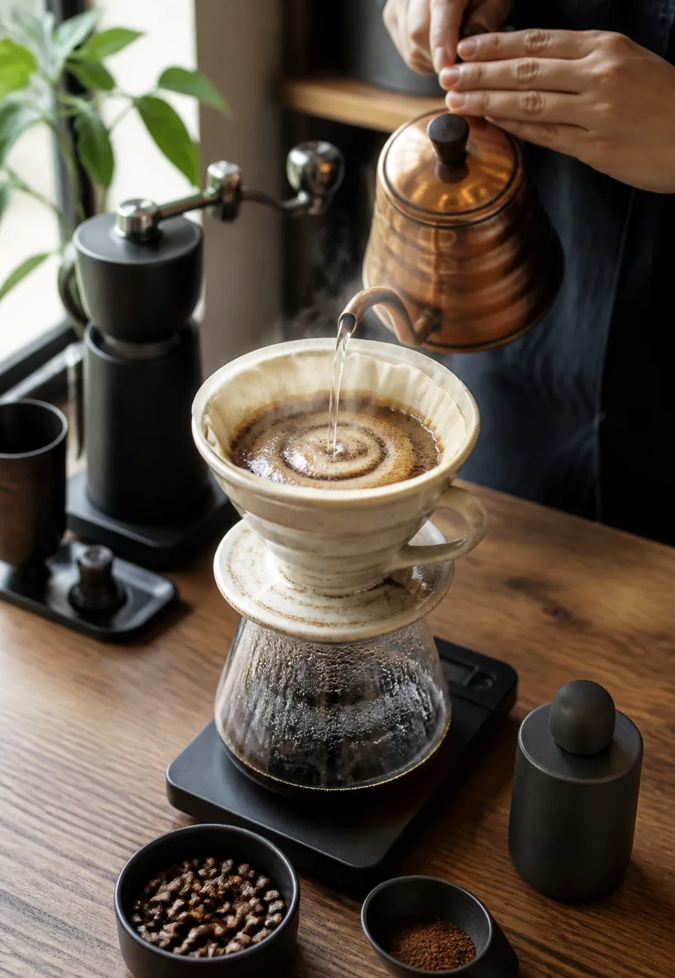 Pour-over rewards attention: Pour-over brew with careful gooseneck kettle stream, blooming coffee bed, grinder, scale, and compact bar tools