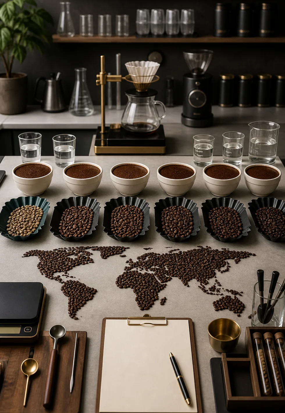 Standards help coffee travel: Specialty coffee standards lab with cupping bowls, roast samples, calibration tools, blank clipboard, and bean map