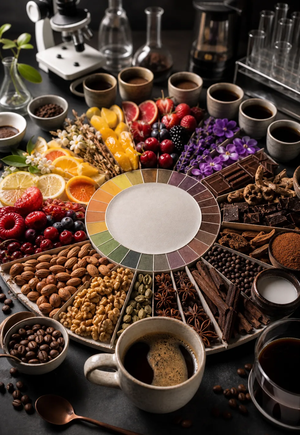 The flavor wheel has science behind it: Coffee flavor wheel still life with fruit, flowers, nuts, chocolate, spices, cups, spoon, and blank circular plate
