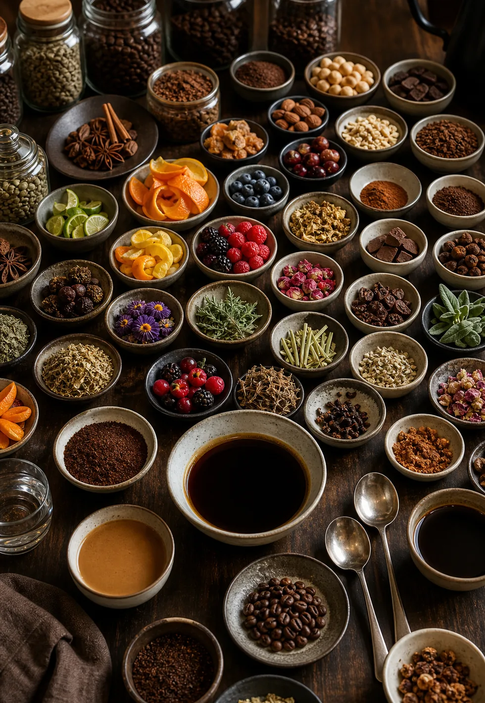 Coffee has 110 sensory attributes: Dense sensory reference table with many bowls of fruit, herbs, flowers, spices, chocolate, coffee, and cupping spoons