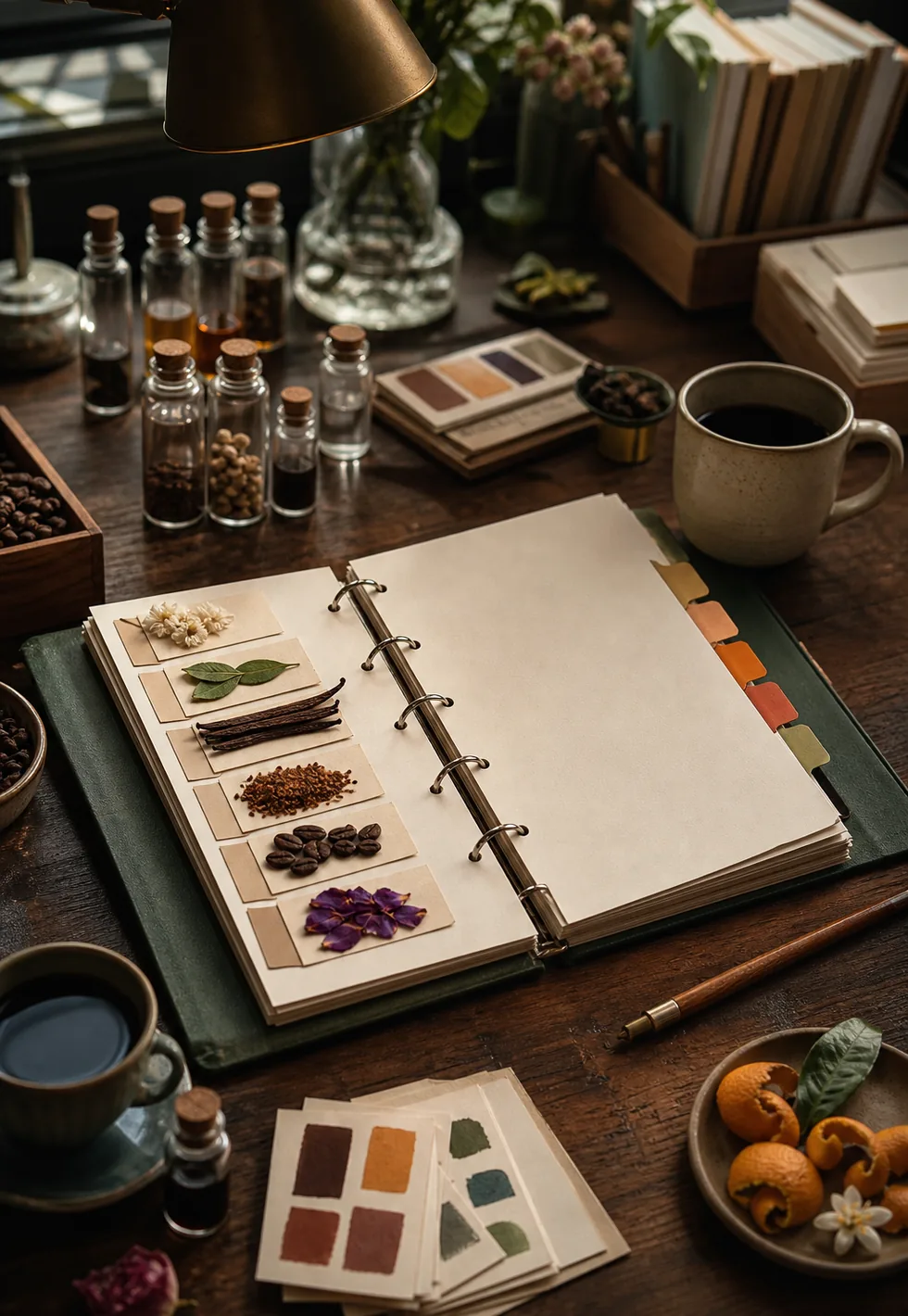 The lexicon keeps evolving: Coffee research desk with blank binder pages, aroma reference cards, glass vials, color tabs, cup, and fruit peels