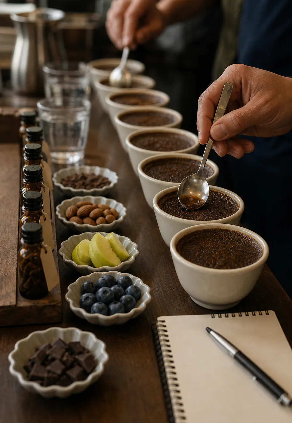 Cupping needs references: Professional cupping calibration with bowls, tasting spoons, aroma vials, fruit references, water glasses, and notebook