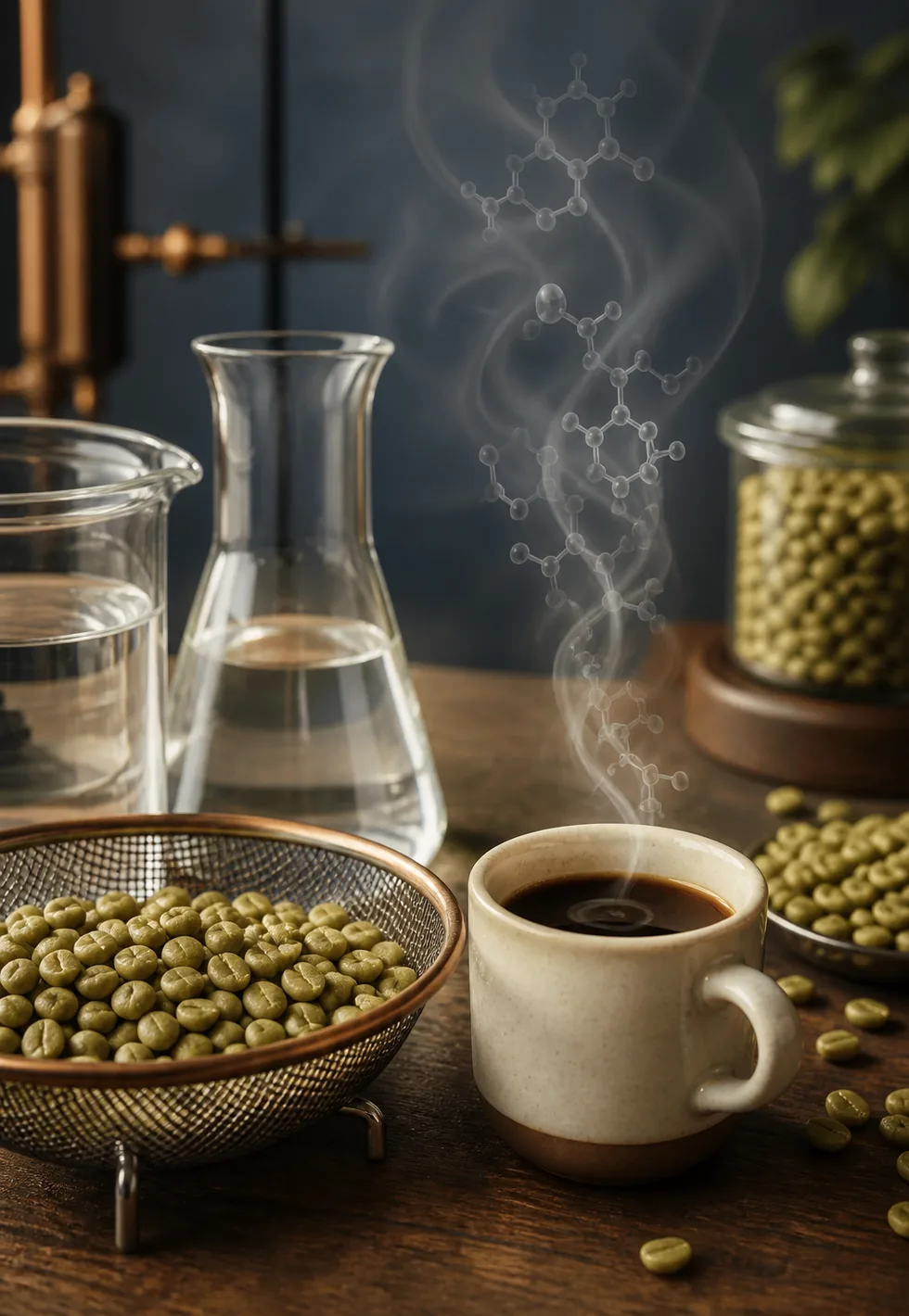 Decaf removes most caffeine: Decaf coffee science scene with green beans in a mesh basket, glassware, cup, and abstract caffeine molecules in steam