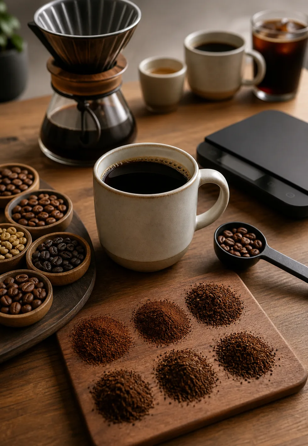 Regular coffee varies too: Coffee measurement counter with one mug surrounded by roast samples, grind piles, scoop, blank scale, and different cups
