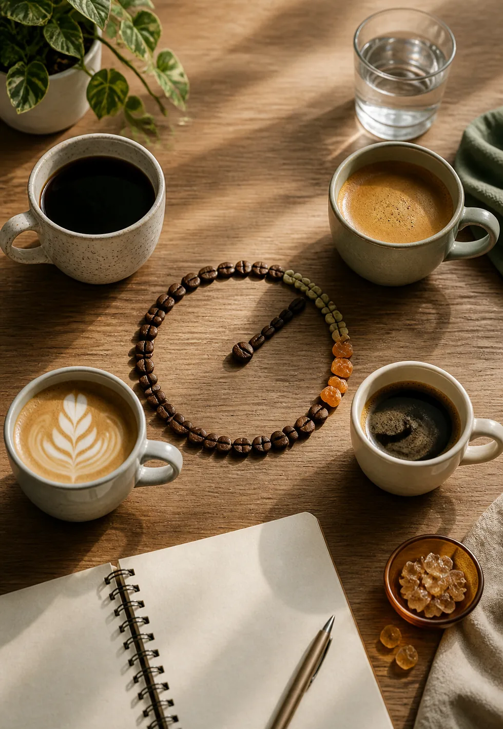 FDA gives a daily reference: Daily caffeine reference still life with four coffee cups around a bean gauge circle, water glass, and blank notebook