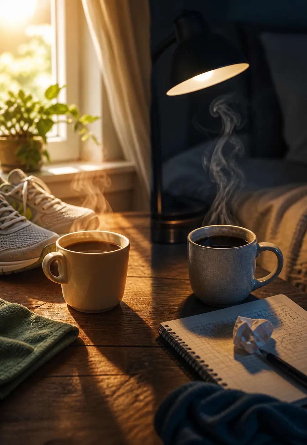 Caffeine sensitivity varies: Two coffee routines split by morning light and night shadow with cups, running shoes, lamp, notebook, and restless cues