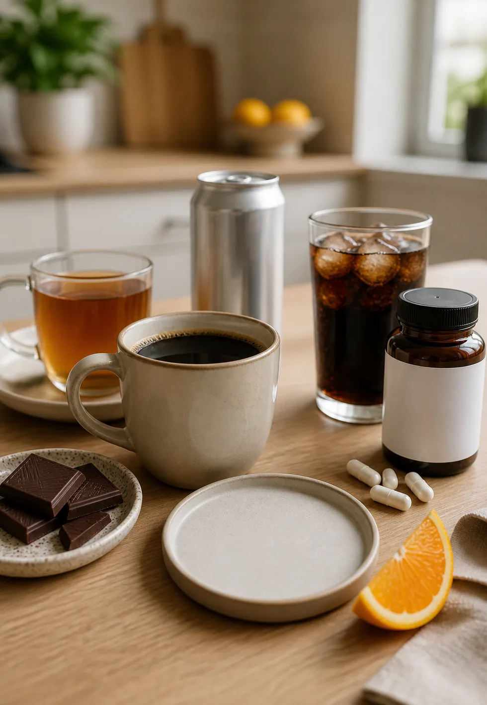 Caffeine is not only in coffee: Daily caffeine sources arranged with coffee, tea, blank energy drink can, cola, chocolate, and blank supplement bottle