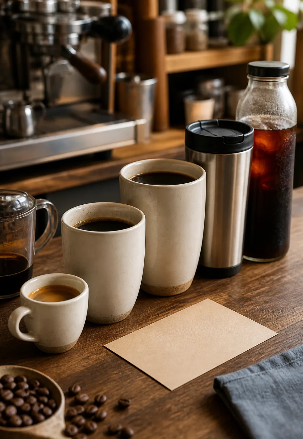 Serving size changes the math: Cafe serving-size comparison with espresso cup, mug, large mug, travel tumbler, cold brew bottle, and blank card