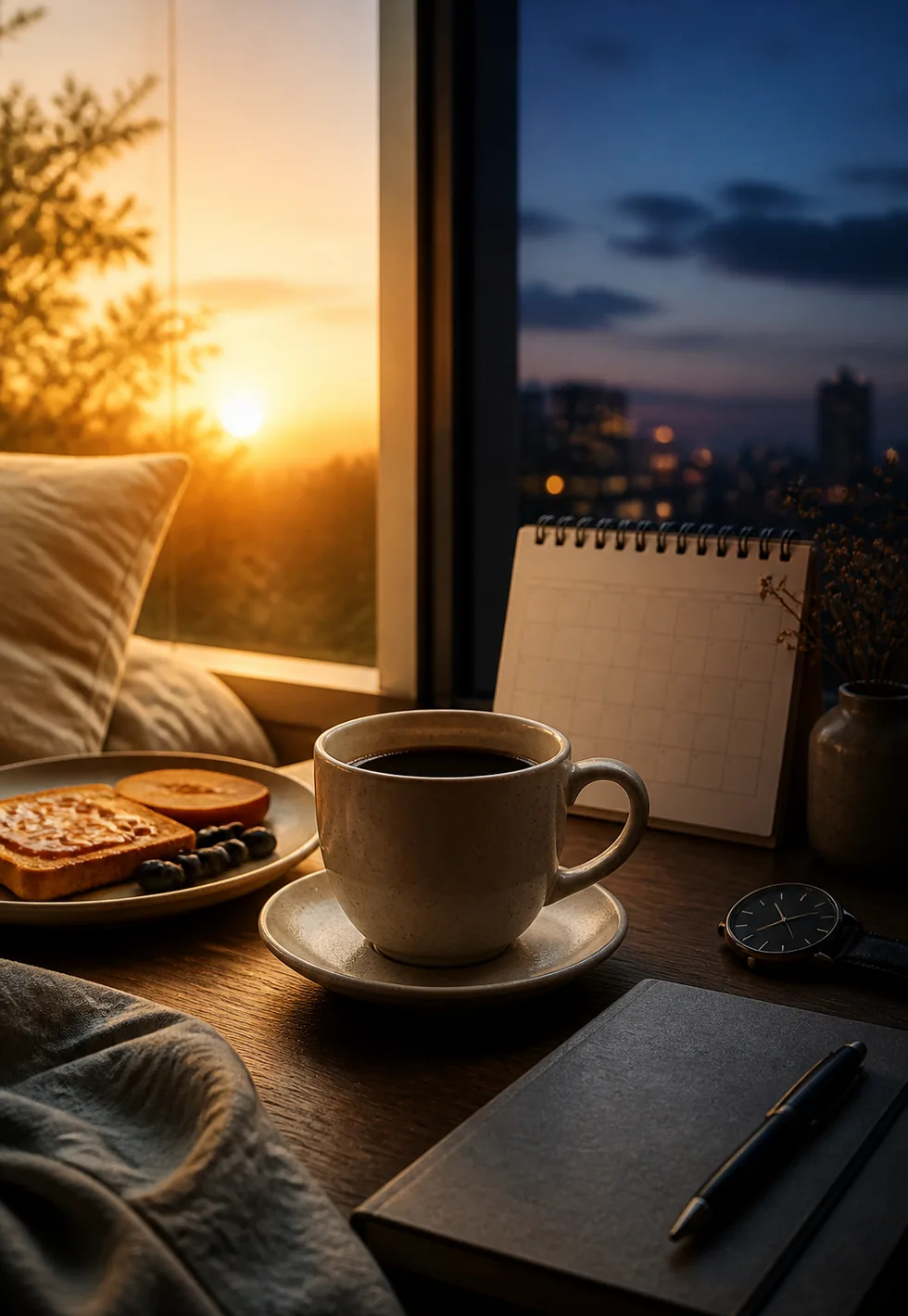 Coffee timing matters: Coffee timing scene with sunrise and dusk window, breakfast plate, cup, blank calendar, watch, notebook, and pillow