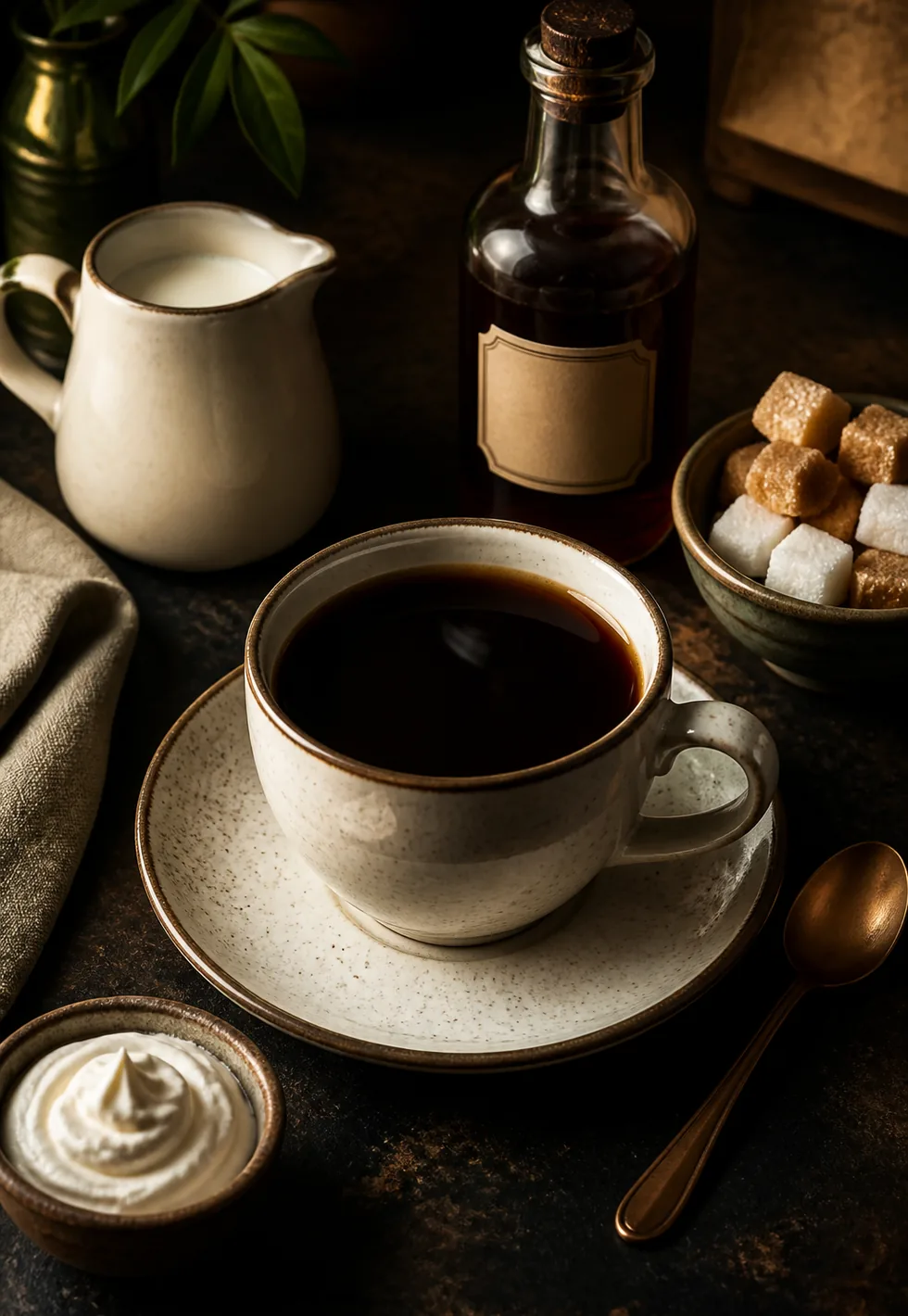 Coffee has no calories by itself: Plain black coffee still life with milk, sugar, cream, syrup, and spoon arranged as separate additions