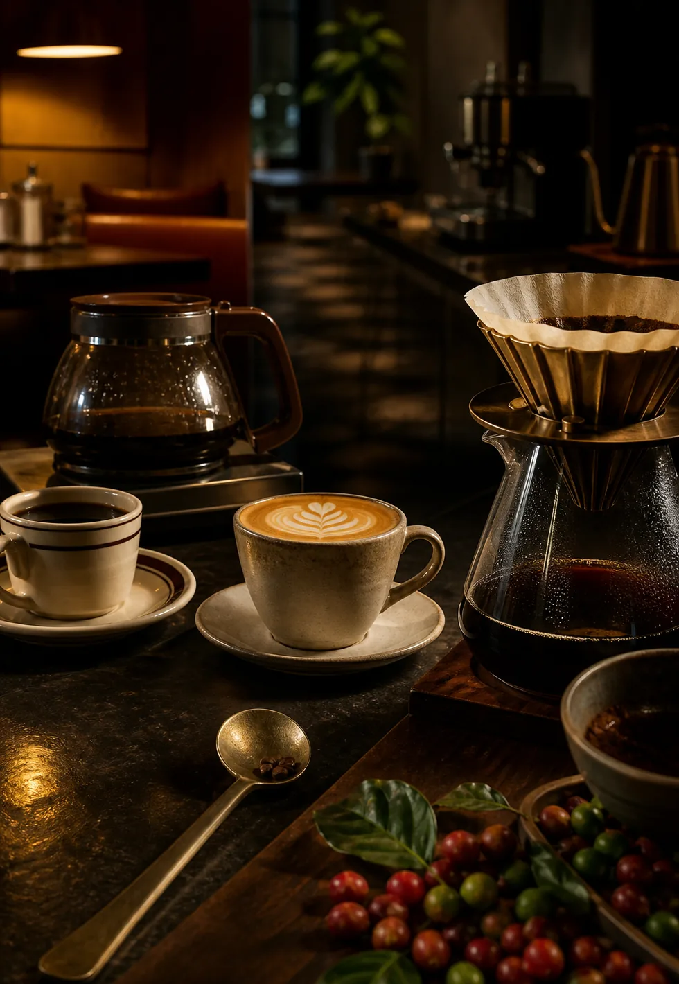 Coffee culture has waves: Coffee culture waves scene with diner cup, latte, pour-over brewer, cherries, and specialty coffee tools