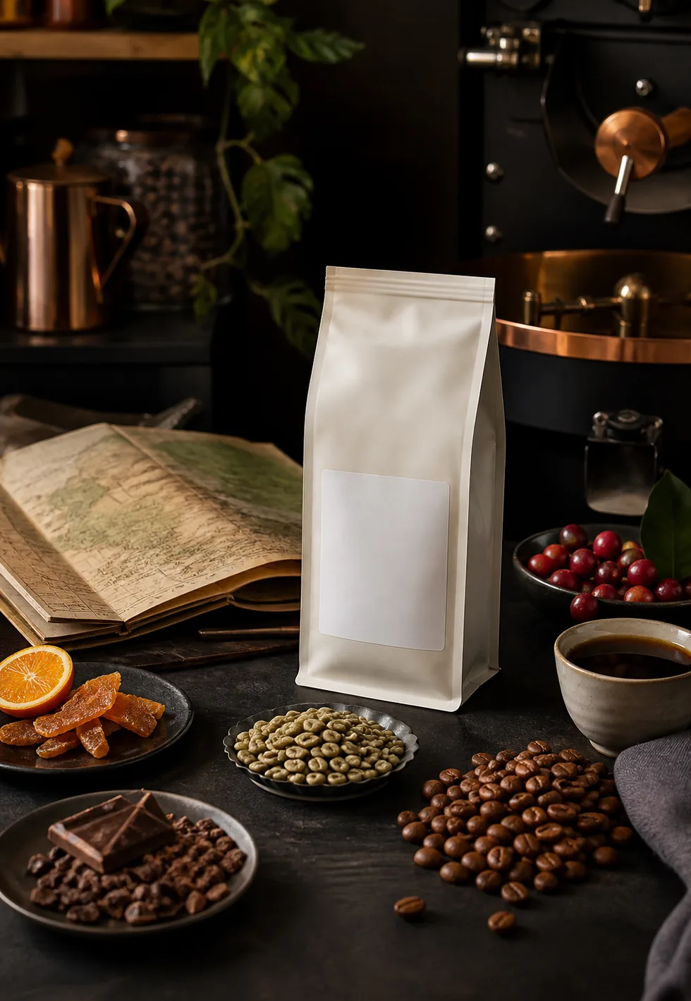 Single origin changed buying: Single-origin coffee buying table with blank bag, map, green beans, roasted beans, cherries, citrus, and cacao