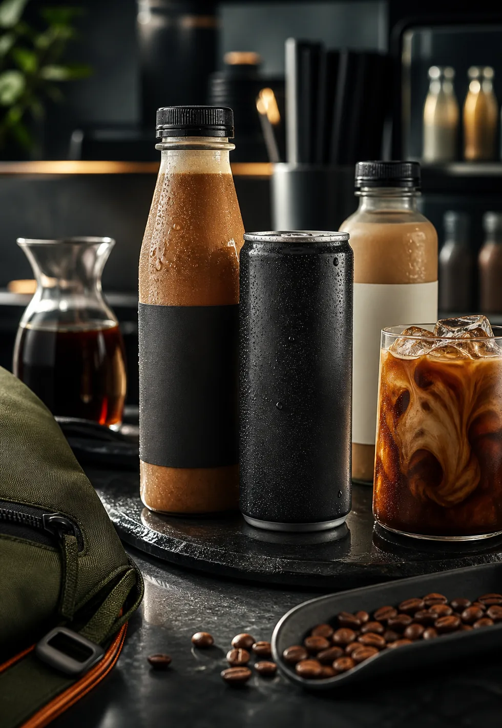 Ready-to-drink coffee is modern: Modern ready-to-drink coffee scene with unbranded chilled bottles, can, iced coffee glass, beans, and commuter bag