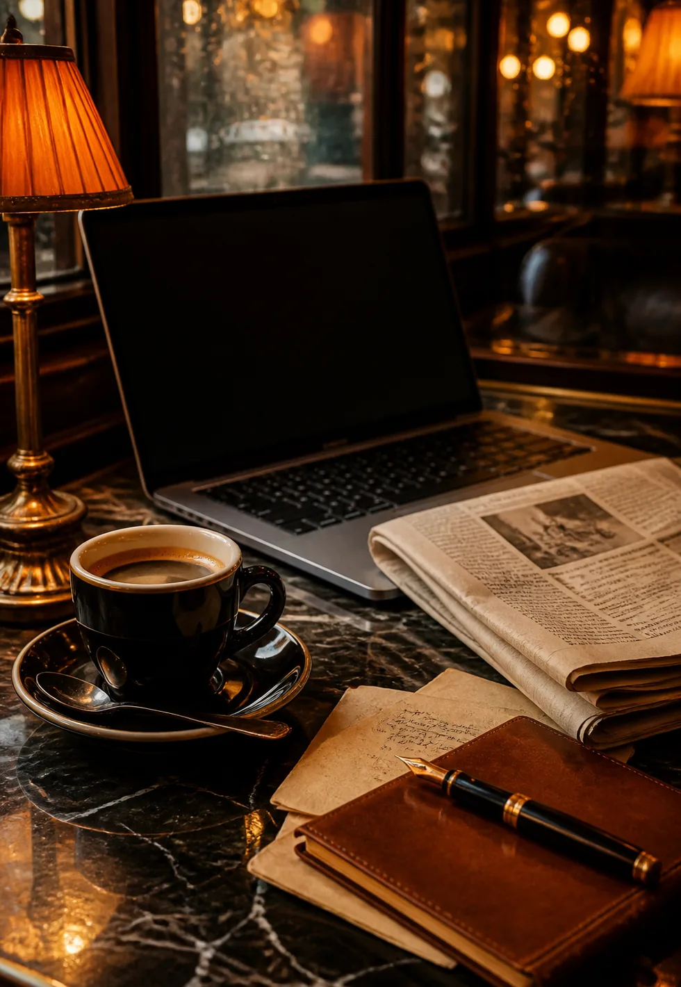 Coffee is an information drink: Cafe information drink scene with coffee, blank laptop, abstract newspaper, notebook, old papers, and fountain pen