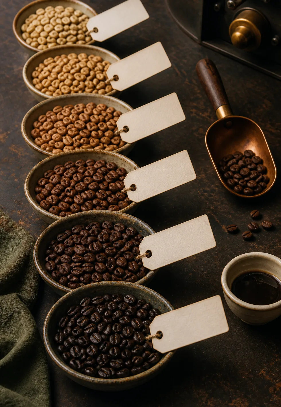 Roast names are not universal: Roast color comparison table with bowls of light to dark coffee beans and blank tags