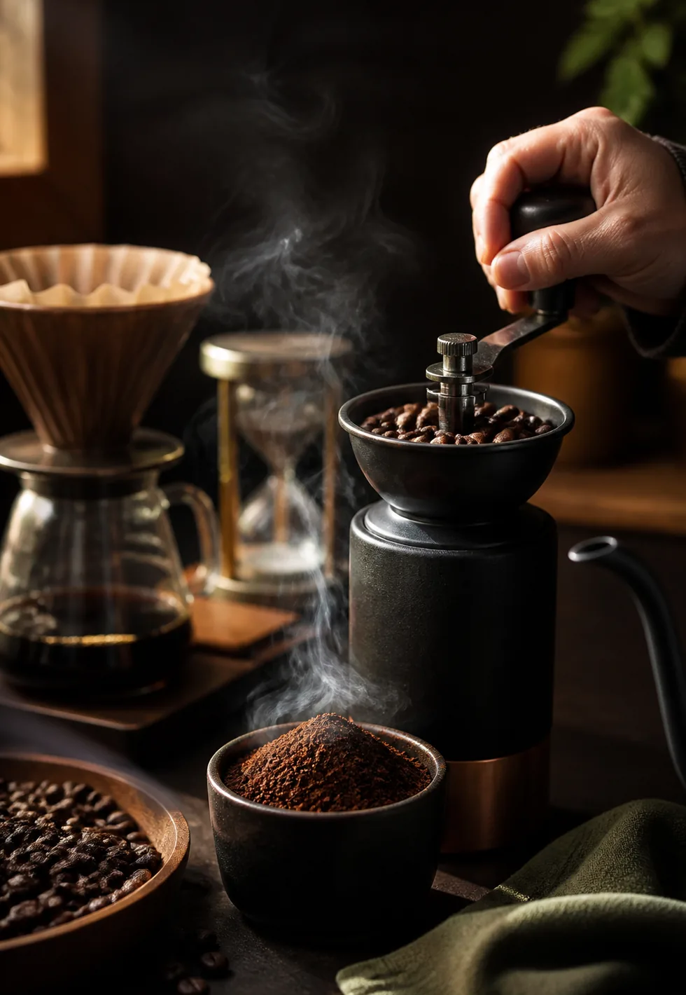 Fresh grinding protects aroma: Fresh grinding scene with hand grinder, whole beans, fresh grounds, aroma steam, hourglass, and pour-over tools